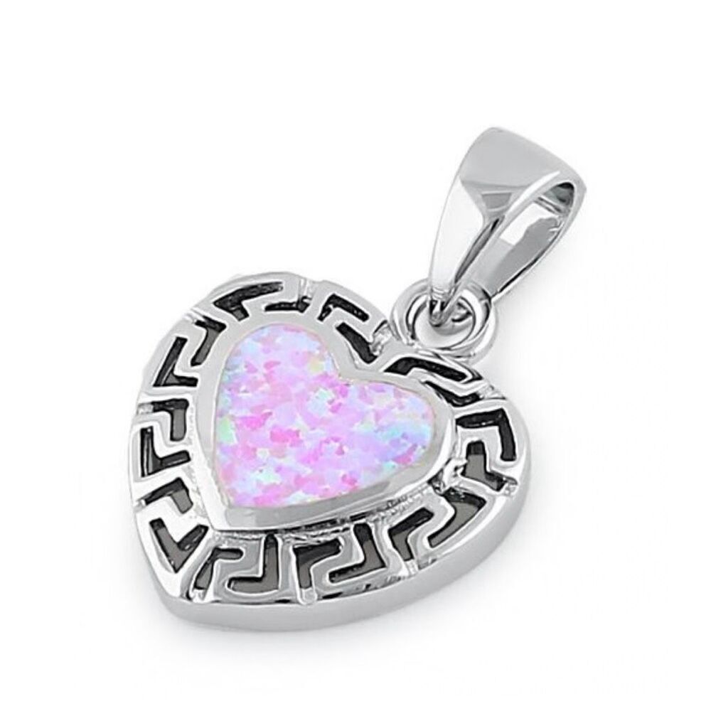 Sterling Silver Heart Greek Pattern Pink Opal Necklace Pendant New